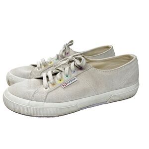 Superga Sneakers Gray Tan Suede Leather Lace Up Platform Shoes Casual Size 9